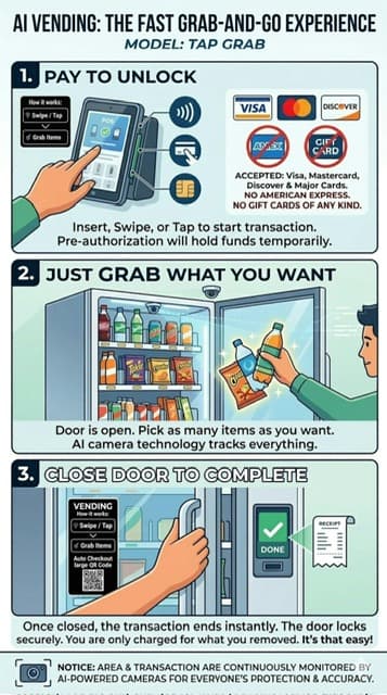 Illustrated smart-vending payment and checkout flow