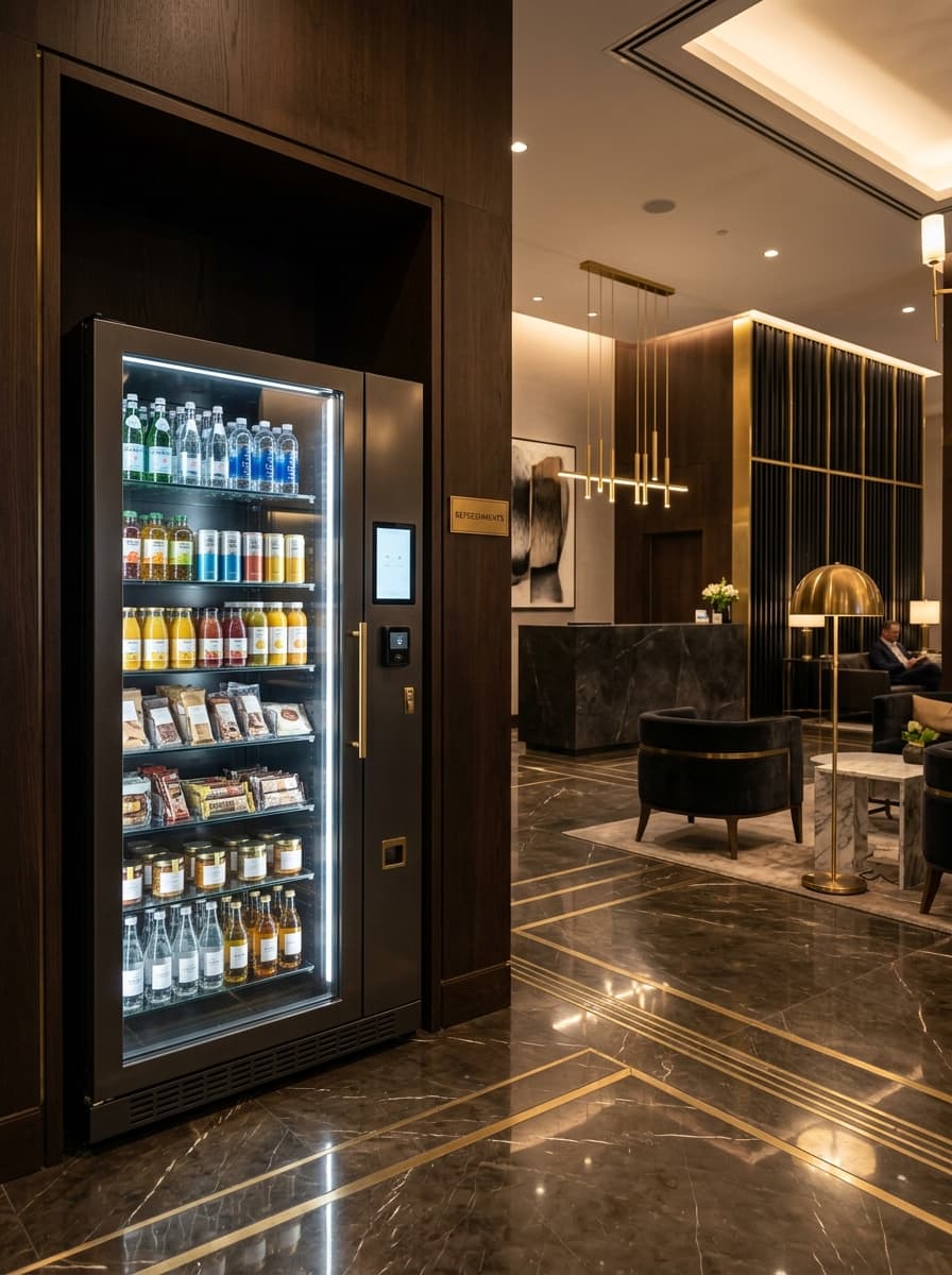 Conceptual smart vending cooler in a luxury hotel lobby