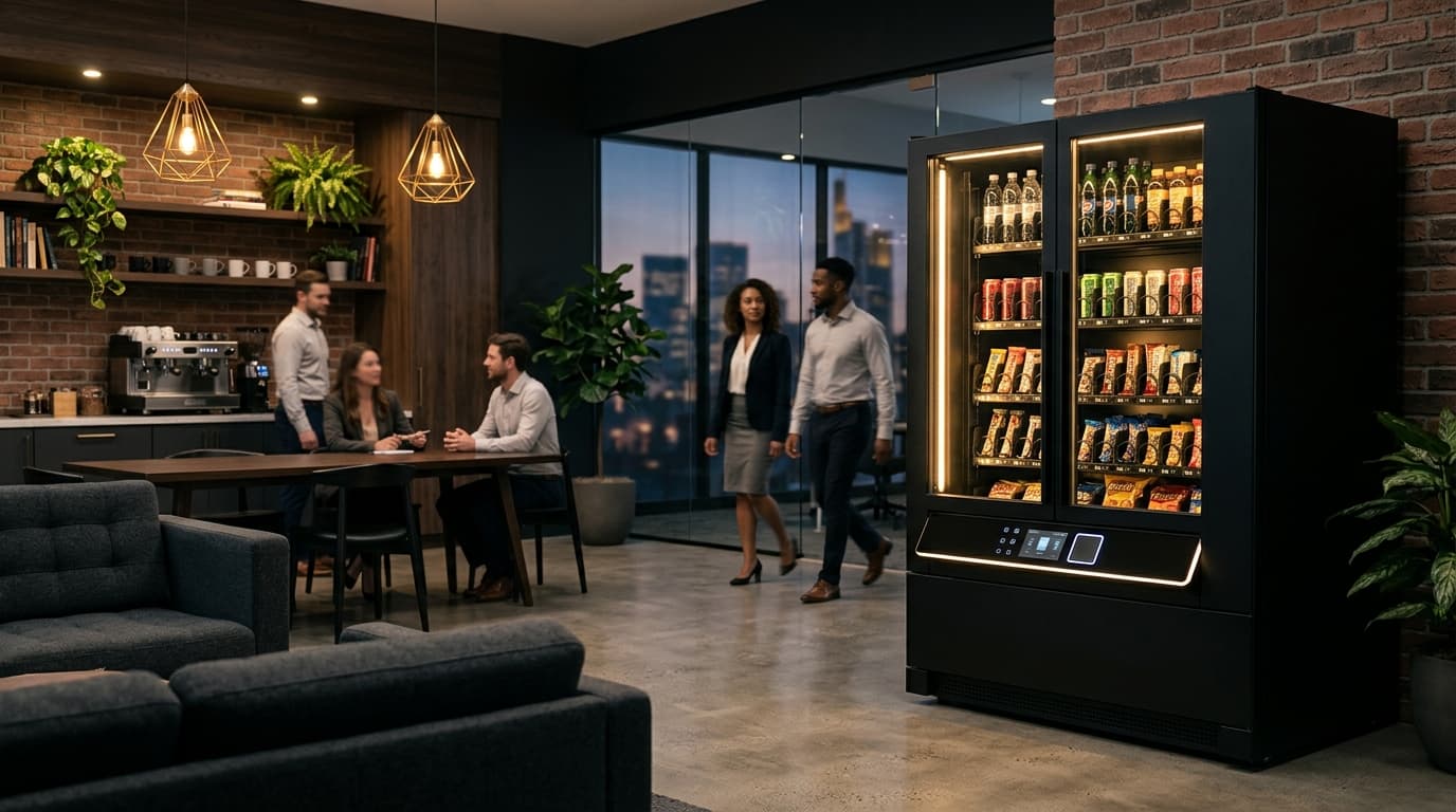 Conceptual smart vending cooler in a modern office break room