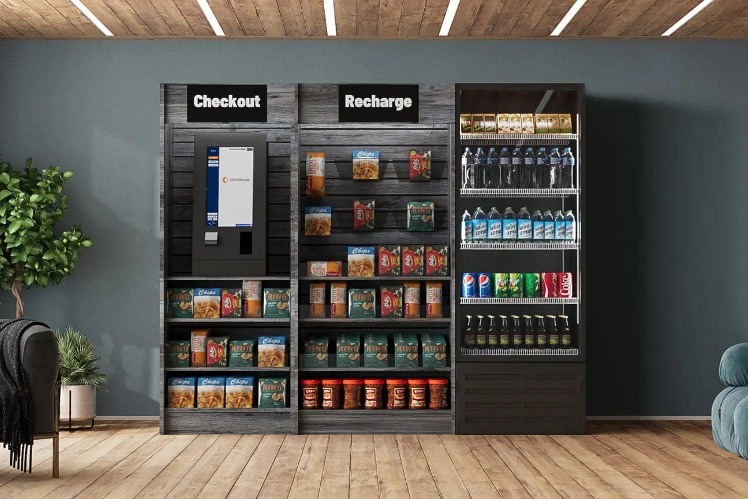 Smart retail wall with checkout and refrigerated display