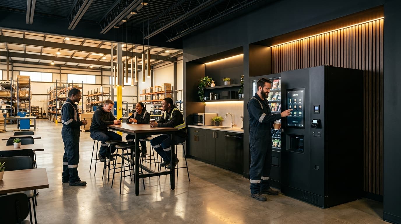 Conceptual smart vending machine in a warehouse employee area