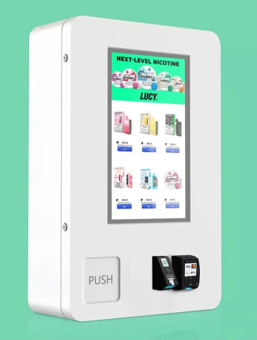 Client-supplied wall-mounted age-restricted vape and nicotine vending machine